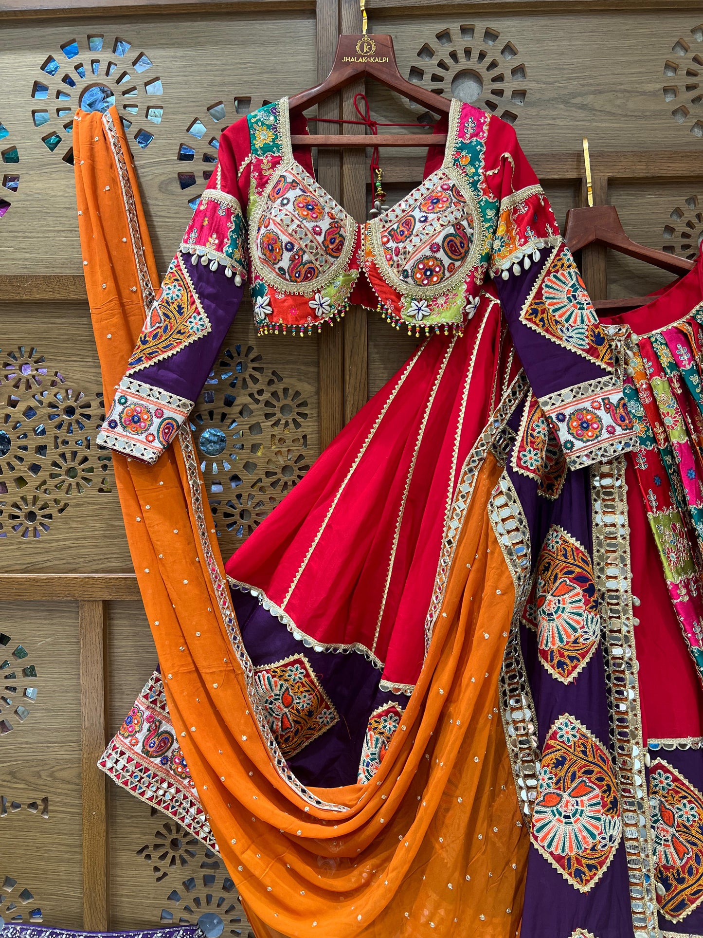 Multicolor Patchwork Chaniya Choli with Red Blouse and Orange Dupatta