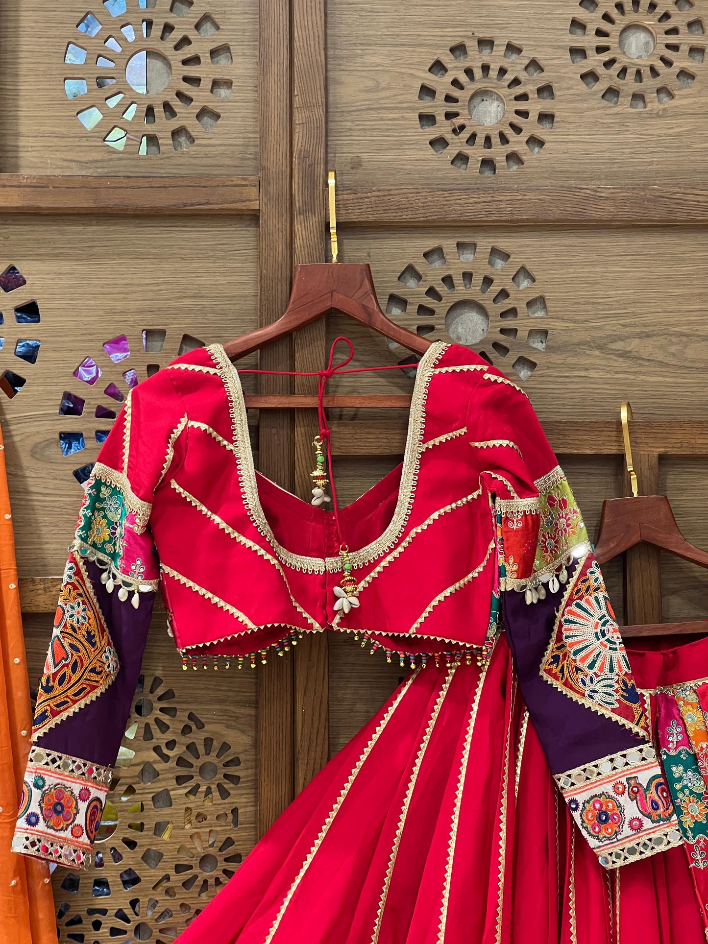 Multicolor Patchwork Chaniya Choli with Red Blouse and Orange Dupatta