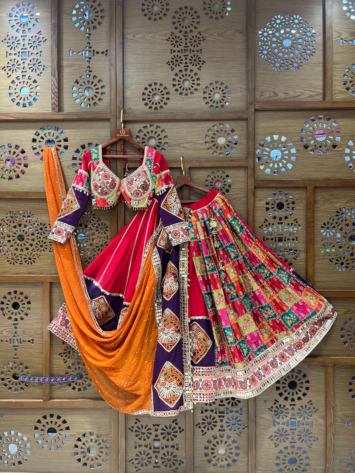Multicolor Patchwork Chaniya Choli with Red Blouse and Orange Dupatta