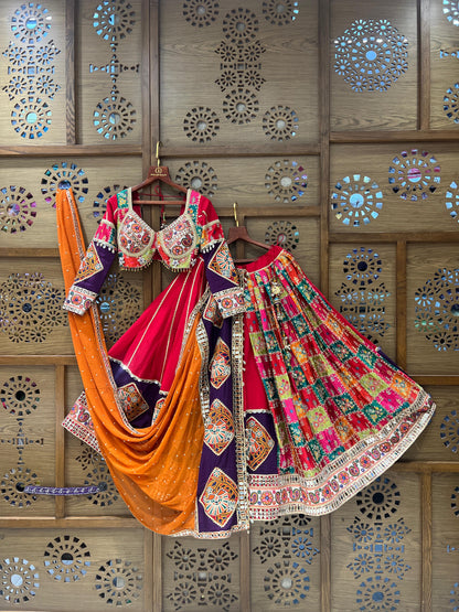 Multicolor Patchwork Chaniya Choli with Red Blouse and Orange Dupatta