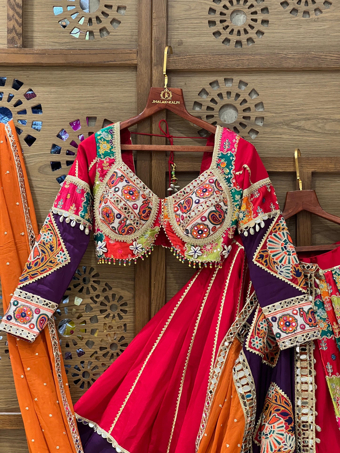 Multicolor Patchwork Chaniya Choli with Red Blouse and Orange Dupatta