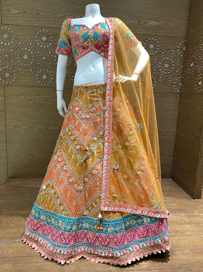 Multicolor Patchwork Embroidered Orange Lehenga Choli