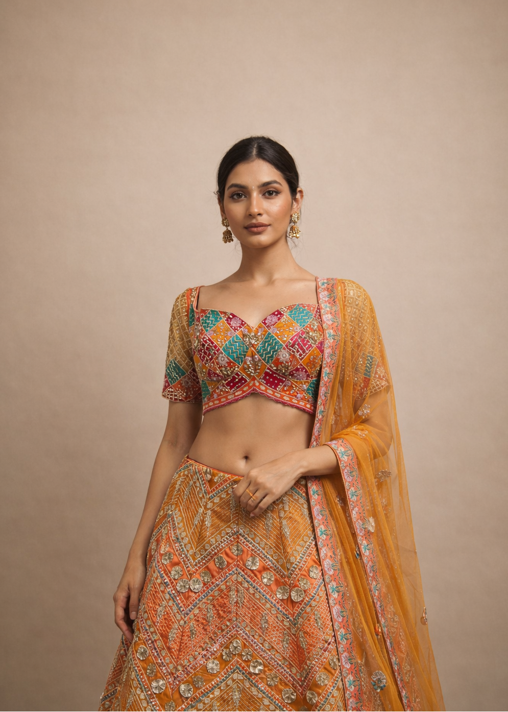 Multicolor Patchwork Embroidered Orange Lehenga Choli