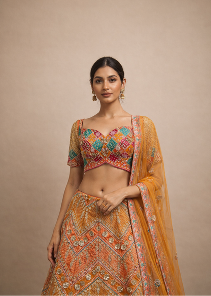Multicolor Patchwork Embroidered Orange Lehenga Choli