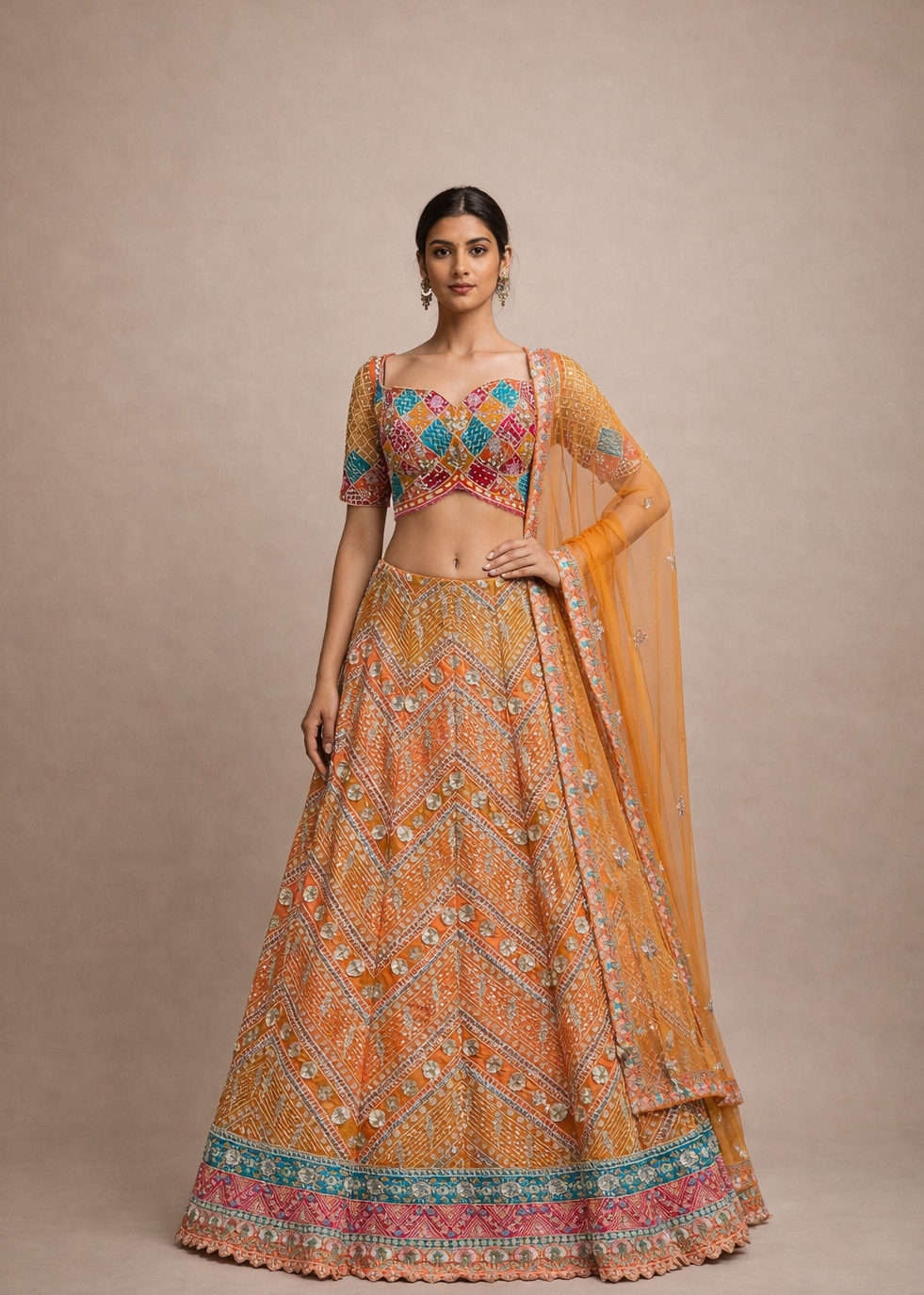 Multicolor Patchwork Embroidered Orange Lehenga Choli