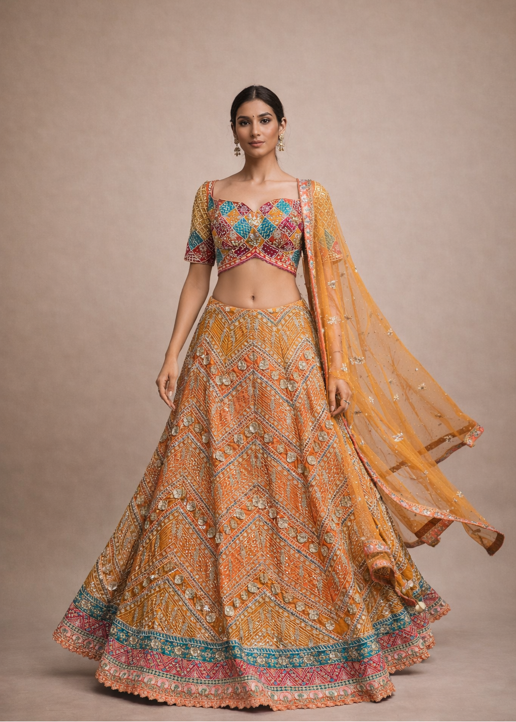Multicolor Patchwork Embroidered Orange Lehenga Choli