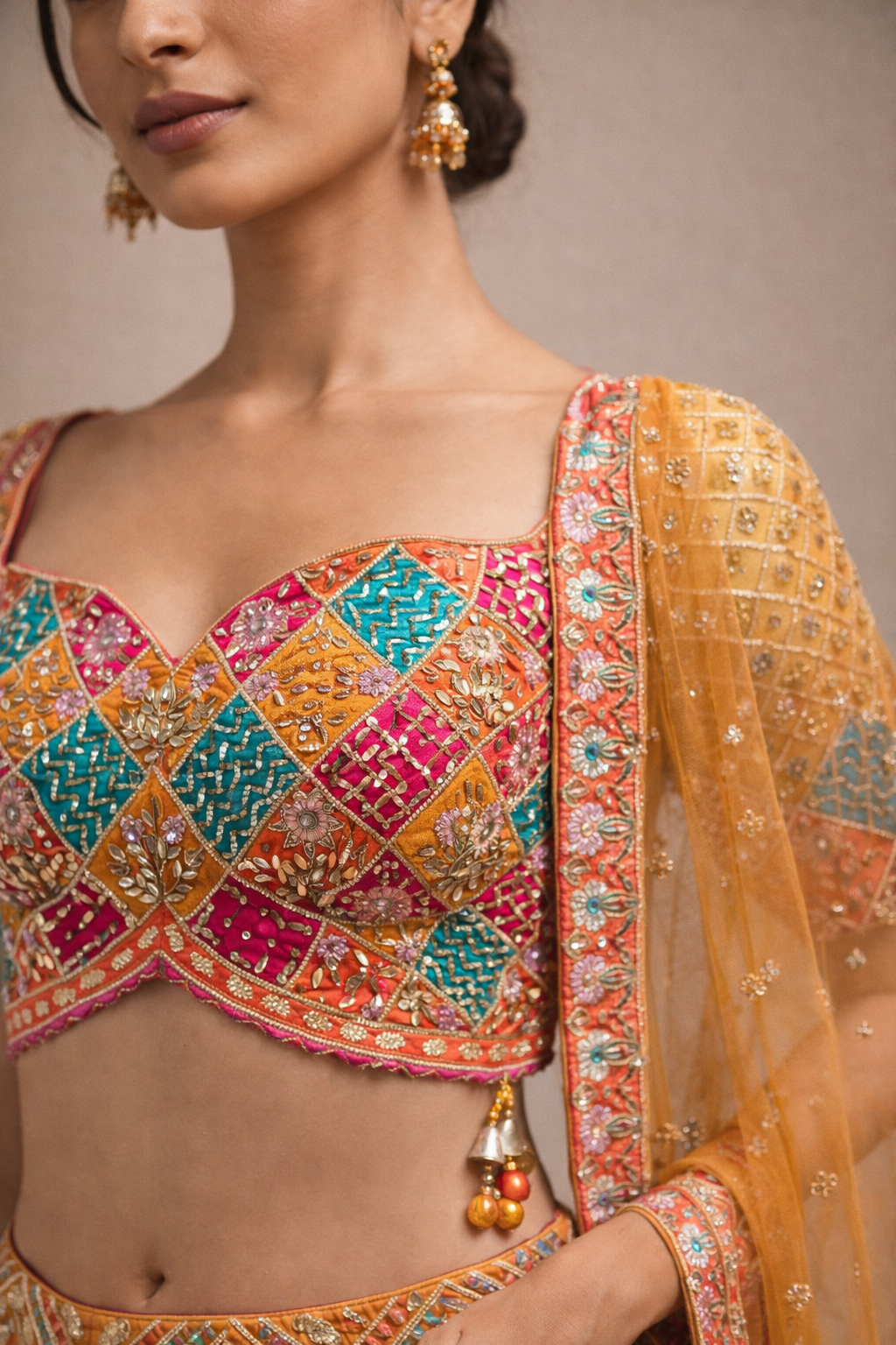 Multicolor Patchwork Embroidered Orange Lehenga Choli
