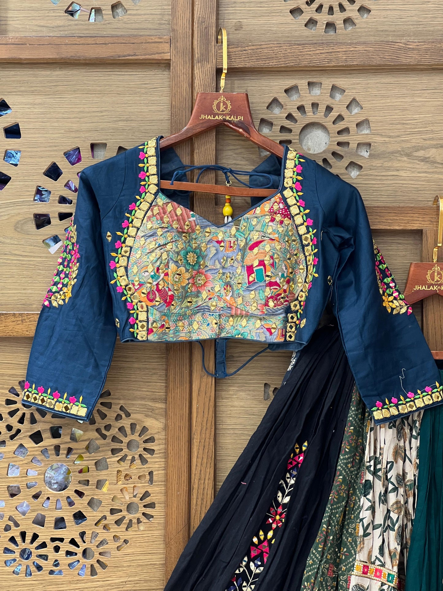 Multicolor Patchwork Navratri Chaniya Choli with Navy Blue Blouse