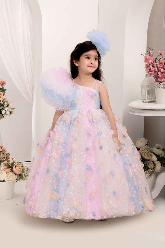 Multicolor Sequin Gown With Ruffled Asymmetric Sleeves