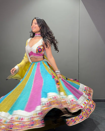 Multicolour Embroidered Chaniya Choli with Mustard Yellow Dupatta