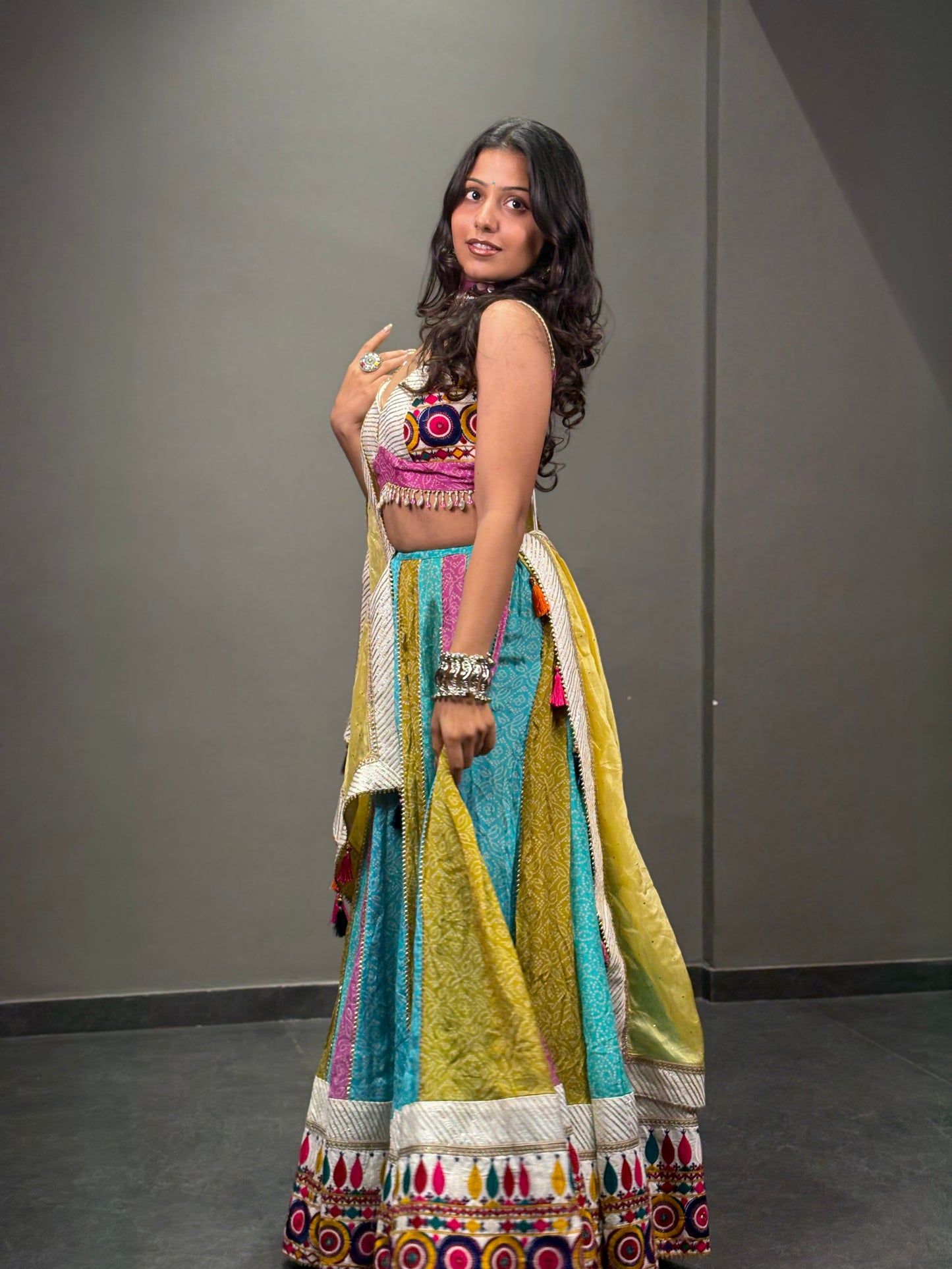 Multicolour Embroidered Chaniya Choli with Mustard Yellow Dupatta