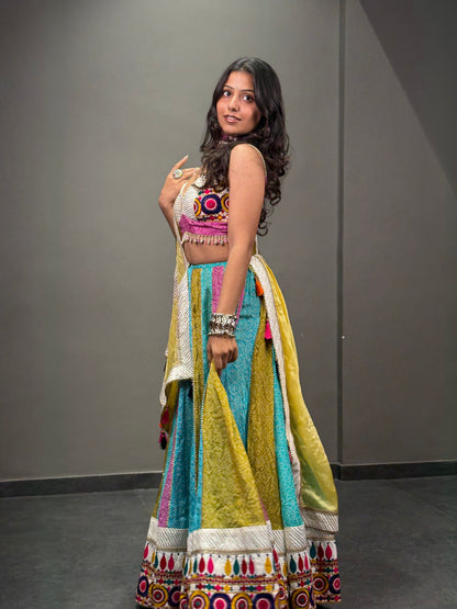 Multicolour Embroidered Chaniya Choli with Mustard Yellow Dupatta
