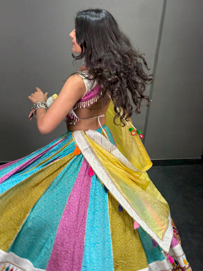 Multicolour Embroidered Chaniya Choli with Mustard Yellow Dupatta