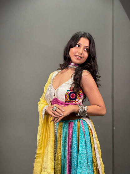 Multicolour Embroidered Chaniya Choli with Mustard Yellow Dupatta