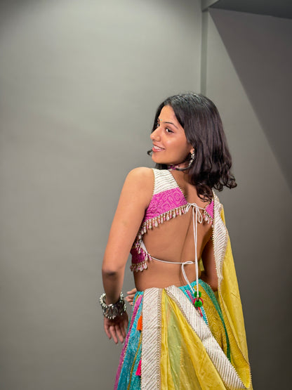 Multicolour Embroidered Chaniya Choli with Mustard Yellow Dupatta
