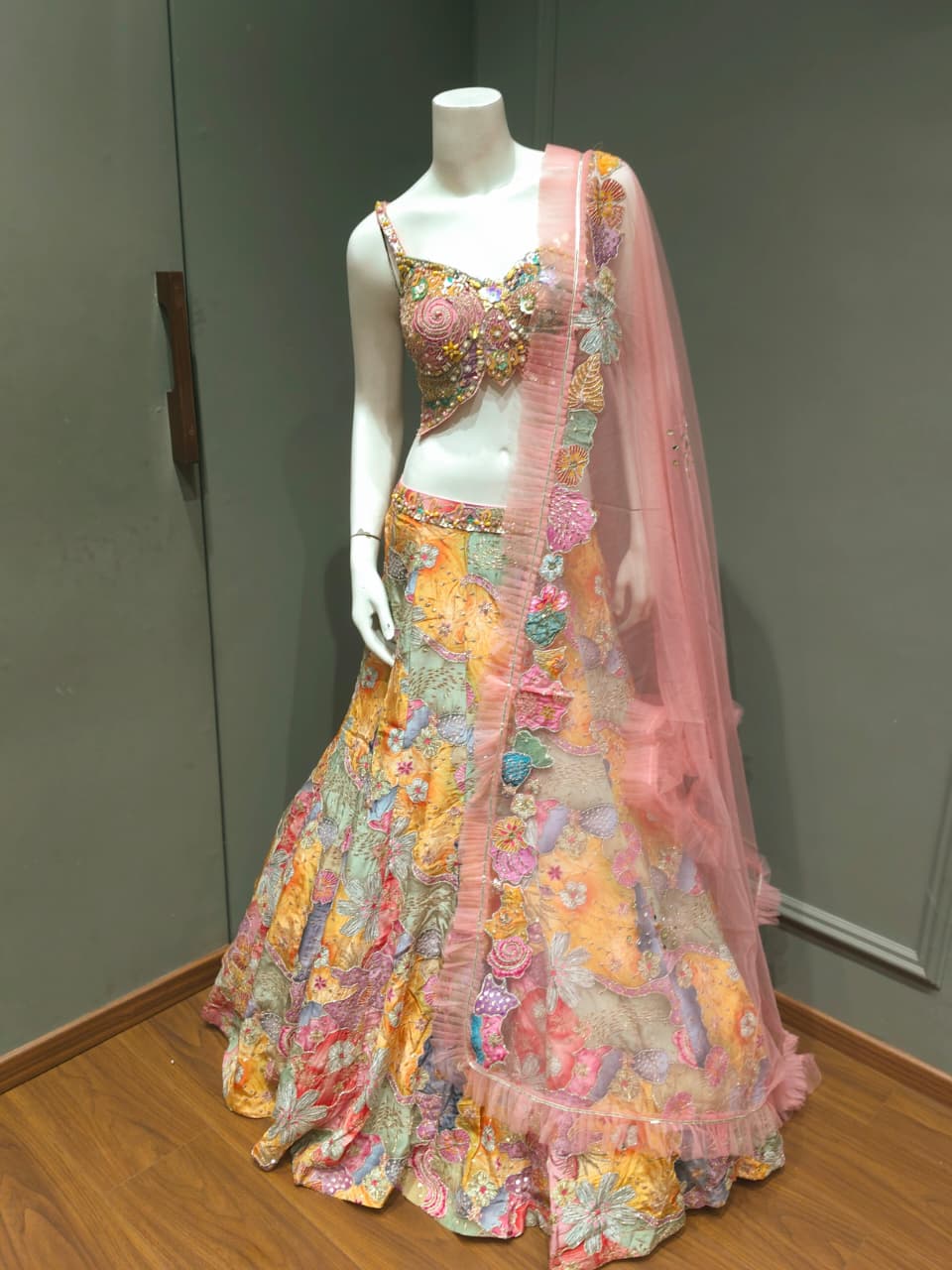 Multicolour Floral Embroidered Yellow & Pink Designer Lehenga