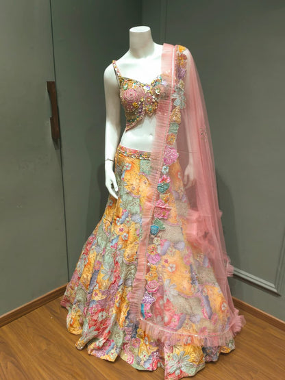 Multicolour Floral Embroidered Yellow & Pink Designer Lehenga