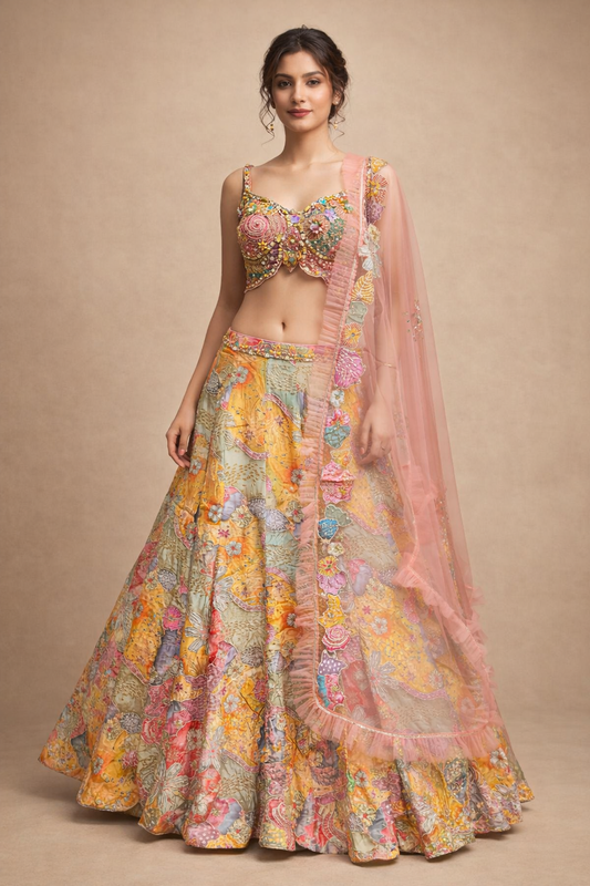 Multicolour Floral Embroidered Yellow & Pink Designer Lehenga