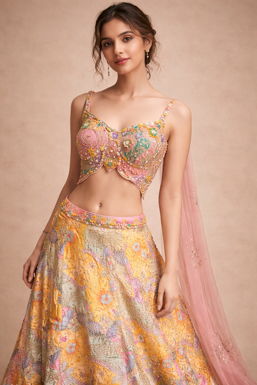Multicolour Floral Embroidered Yellow & Pink Designer Lehenga