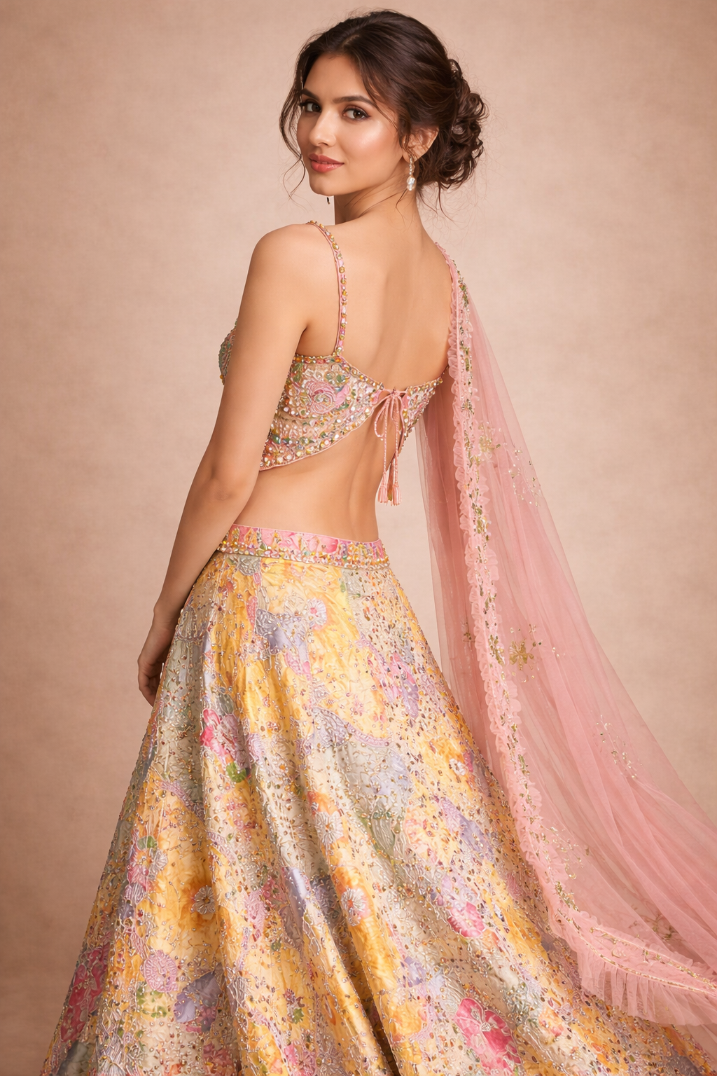 Multicolour Floral Embroidered Yellow & Pink Designer Lehenga