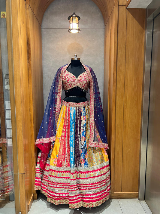Multicolour Patola & Banarasi Patchwork Lehenga with Pink Embroidered Blouse & Navy Dupatta