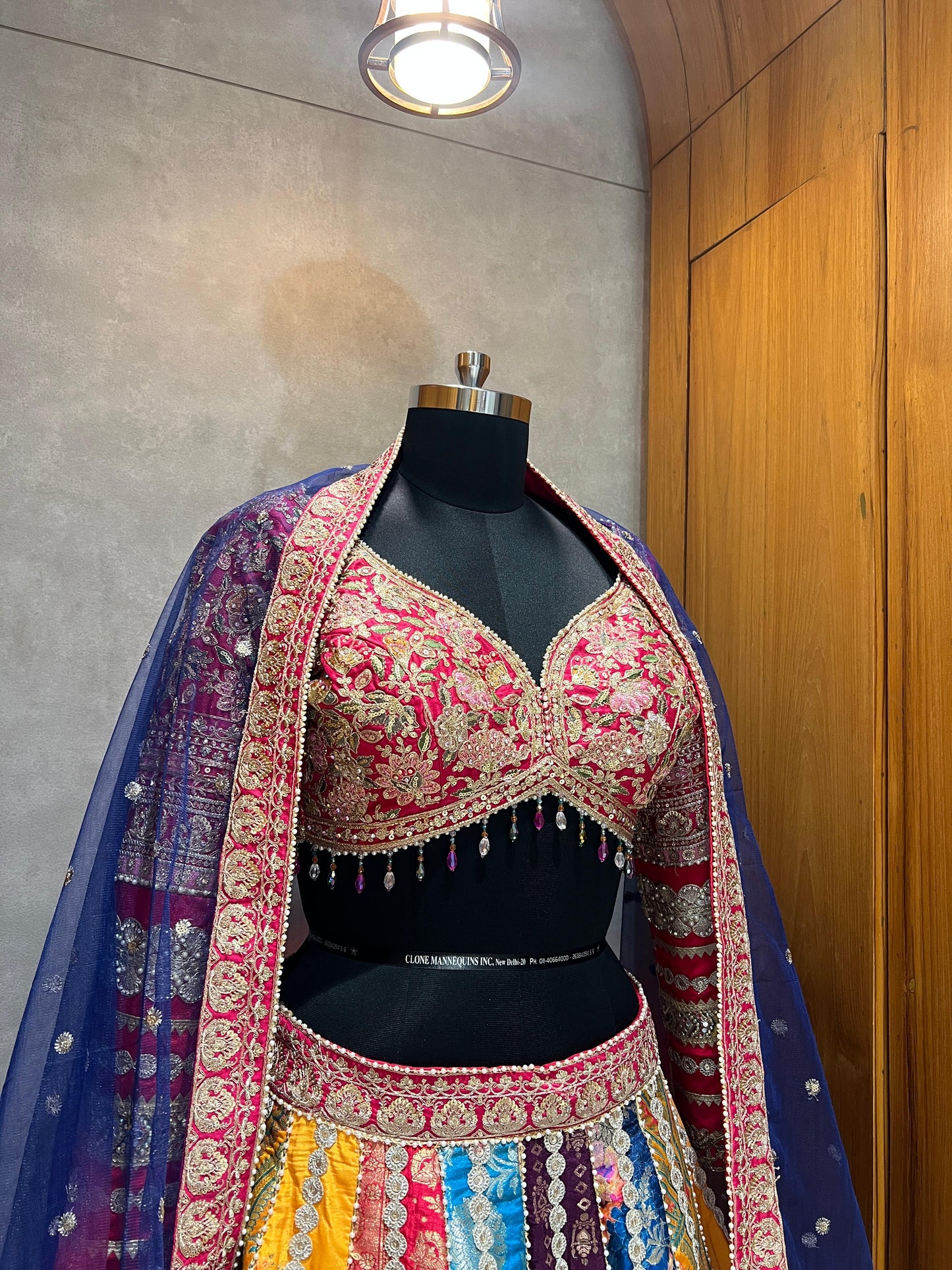 Multicolour Patola & Banarasi Patchwork Lehenga with Pink Embroidered Blouse & Navy Dupatta