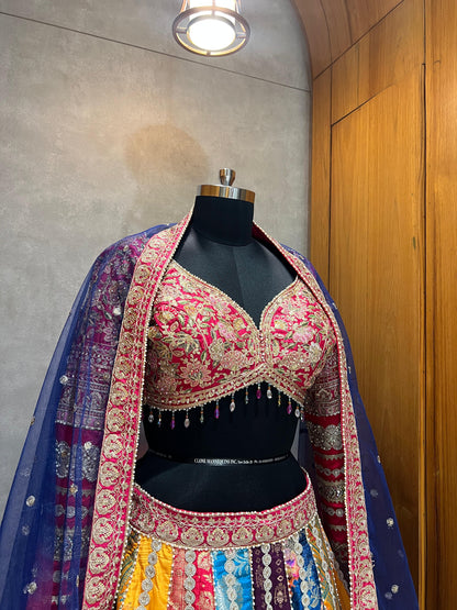 Multicolour Patola & Banarasi Patchwork Lehenga with Pink Embroidered Blouse & Navy Dupatta