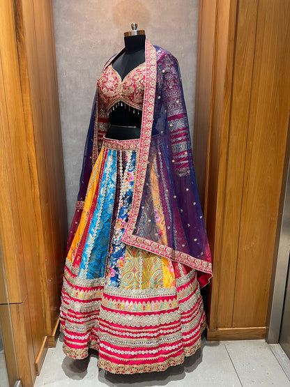 Multicolour Patola & Banarasi Patchwork Lehenga with Pink Embroidered Blouse & Navy Dupatta