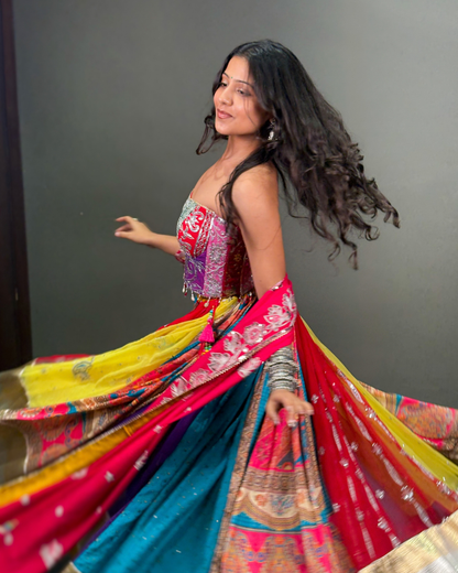 Multicolour Printed Lehenga Choli with Embellished Corset Blouse