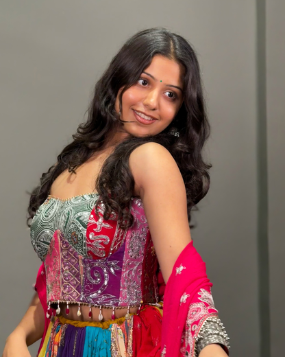 Multicolour Printed Lehenga Choli with Embellished Corset Blouse