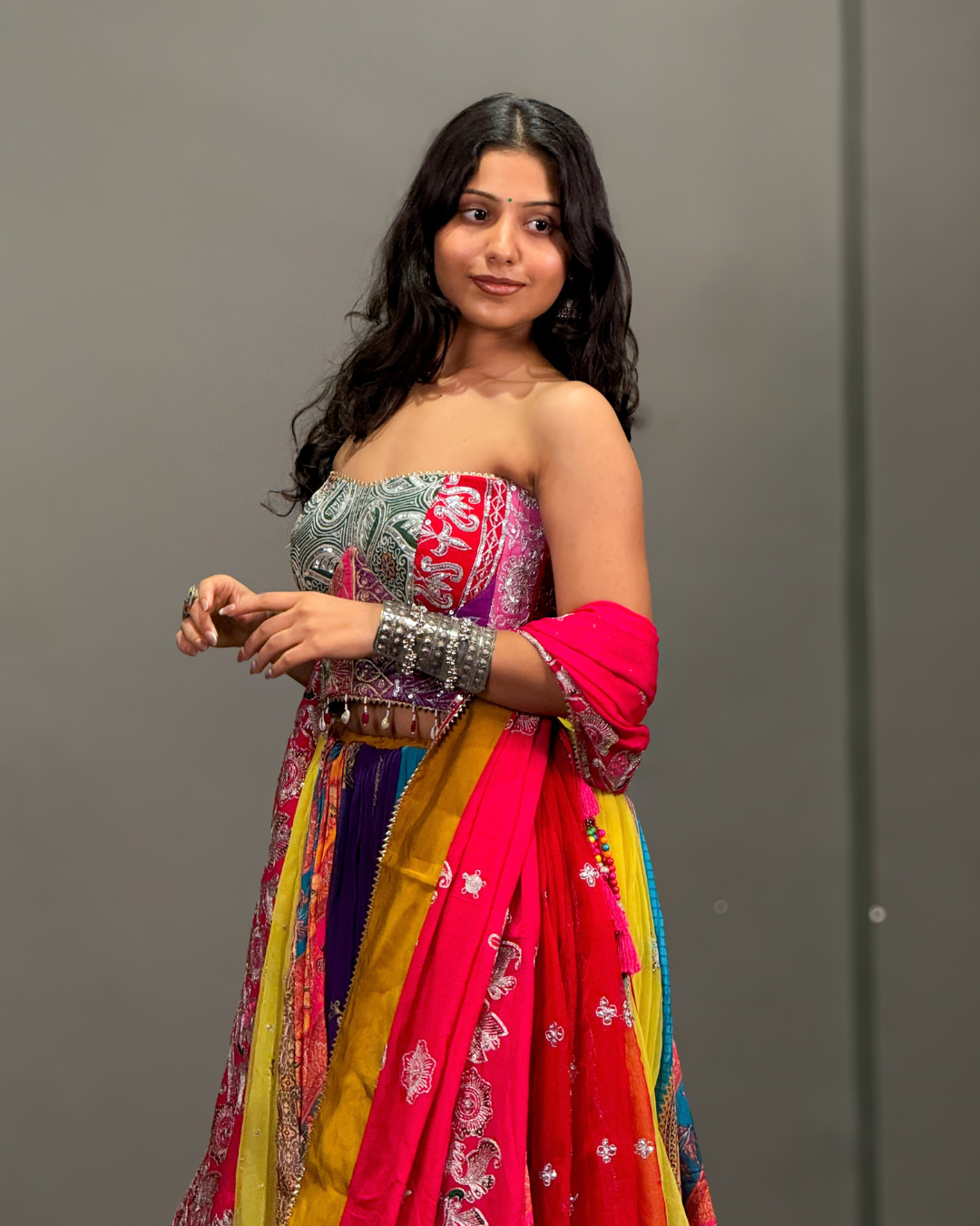 Multicolour Printed Lehenga Choli with Embellished Corset Blouse