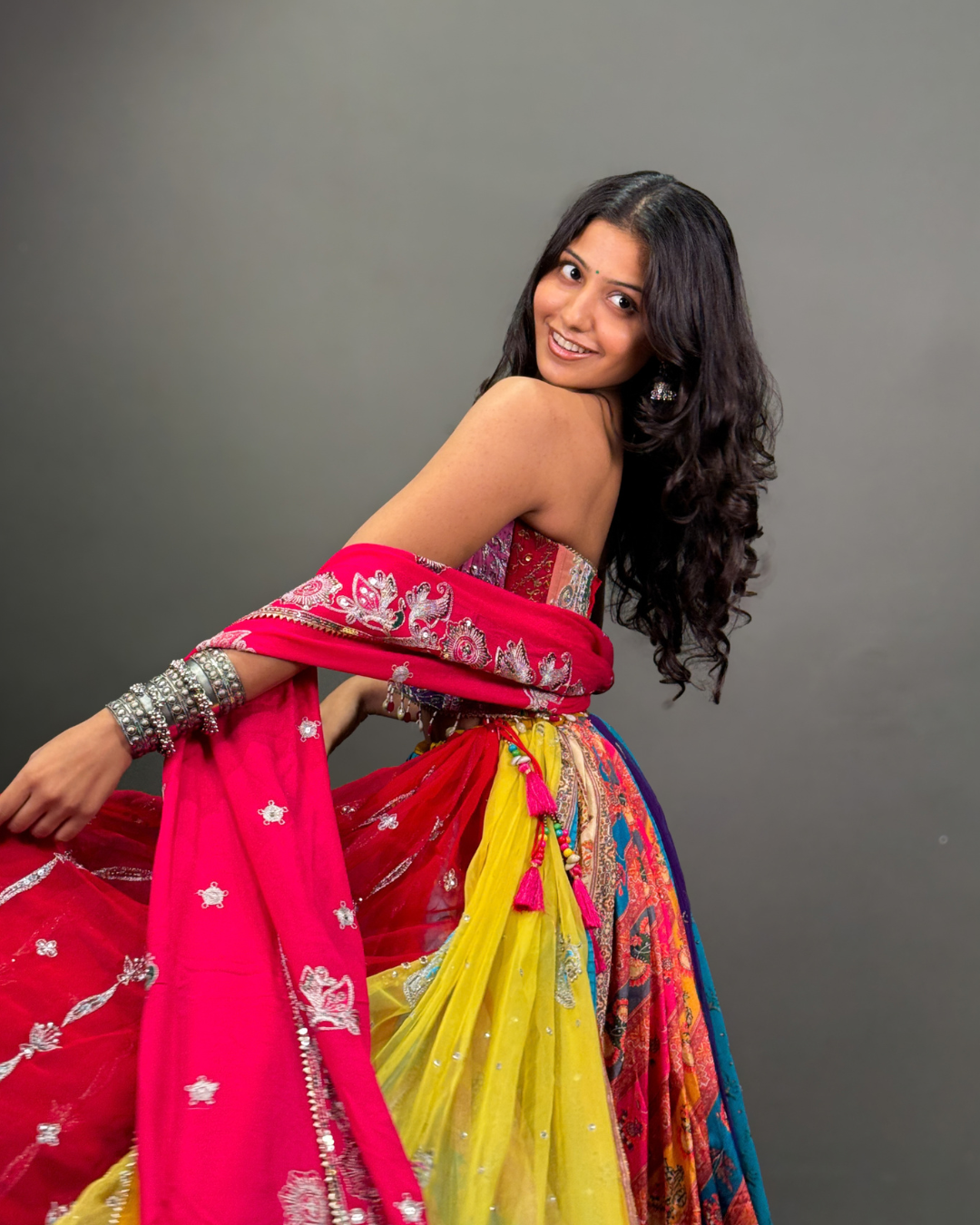 Multicolour Printed Lehenga Choli with Embellished Corset Blouse