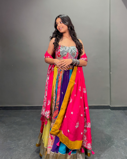 Multicolour Printed Lehenga Choli with Embellished Corset Blouse