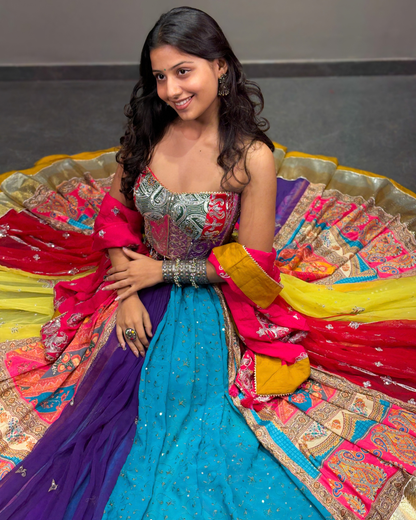 Multicolour Printed Lehenga Choli with Embellished Corset Blouse