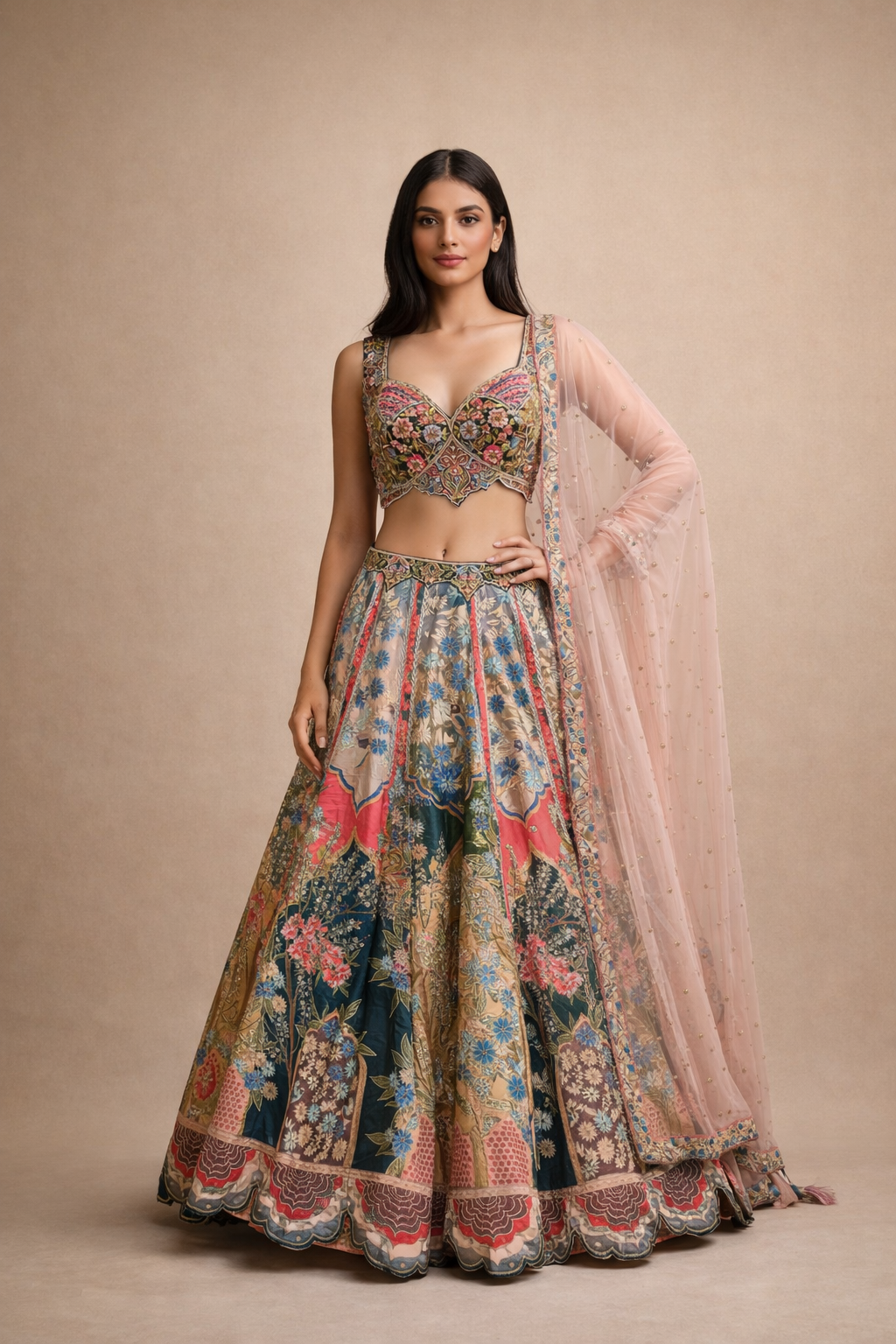 Multicolour Teal & Coral Floral Bird Embroidered Lehenga Choli