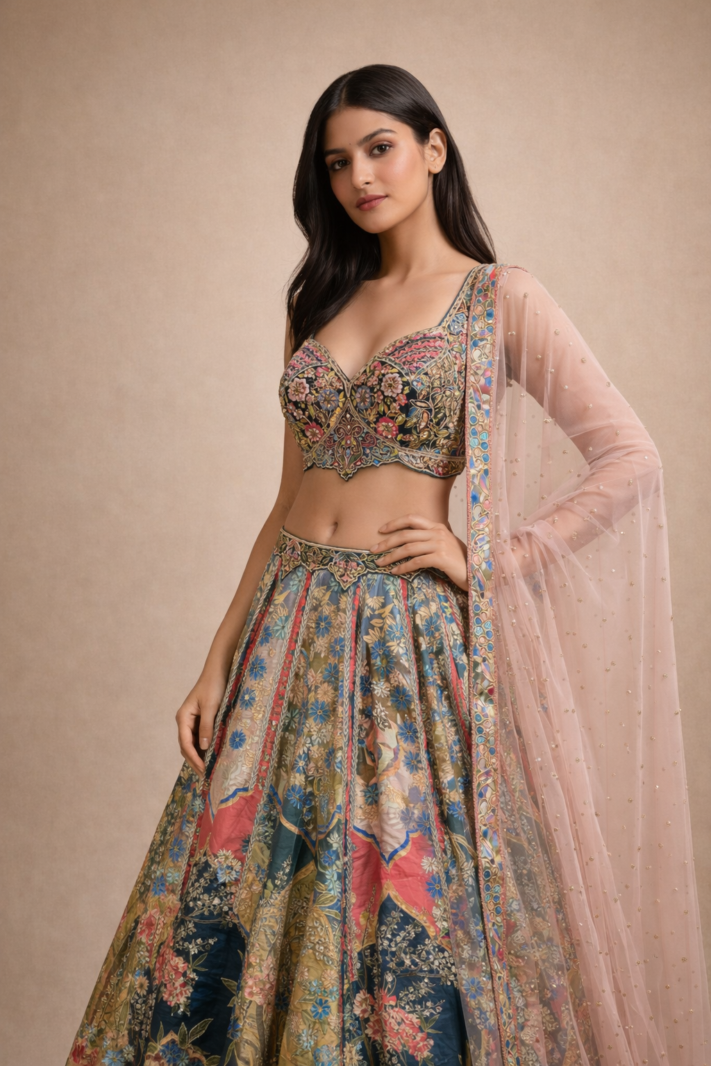 Multicolour Teal & Coral Floral Bird Embroidered Lehenga Choli