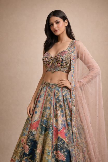 Multicolour Teal & Coral Floral Bird Embroidered Lehenga Choli