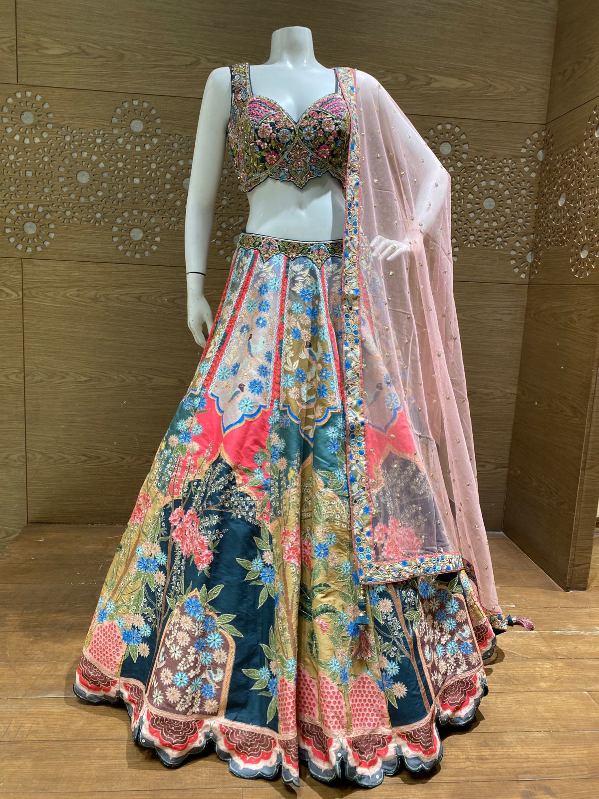 Multicolour Teal & Coral Floral Bird Embroidered Lehenga Choli