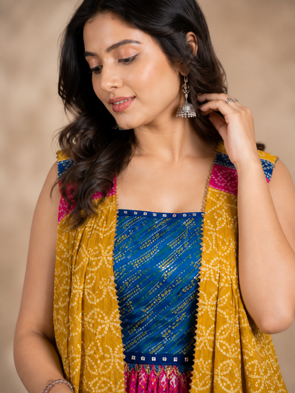 Mustard Yellow Bandhani Jacket Style Chaniya Choli with Rani Pink Lehenga and Blue Blouse