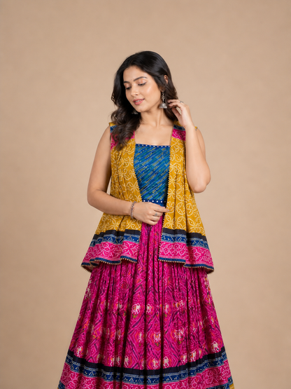 Mustard Yellow Bandhani Jacket Style Chaniya Choli with Rani Pink Lehenga and Blue Blouse
