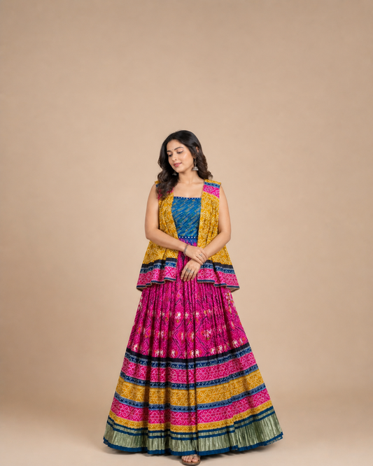 Mustard Yellow Bandhani Jacket Style Chaniya Choli with Rani Pink Lehenga and Blue Blouse