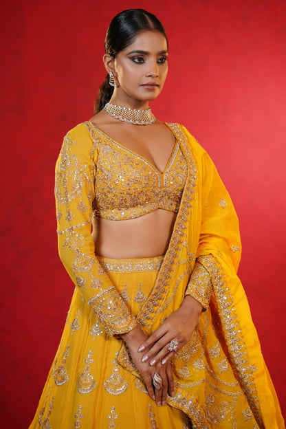 Mustard Yellow Crepe Lehenga with Intricate Zardosi Embroidery