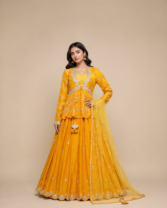 Mustard Yellow Embroidered Anarkali Lehenga Set with Jacket & Net Dupatta