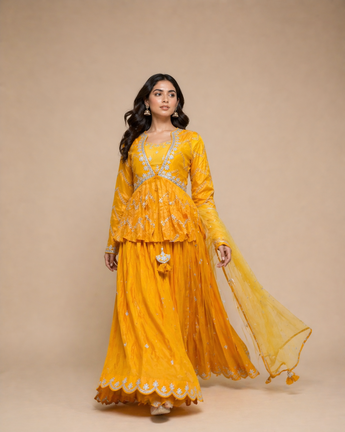 Mustard Yellow Embroidered Anarkali Lehenga Set with Jacket & Net Dupatta