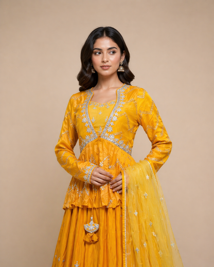 Mustard Yellow Embroidered Anarkali Lehenga Set with Jacket & Net Dupatta