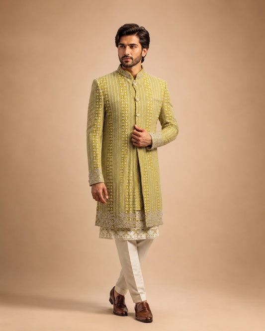Mustard Yellow Embroidered Indo Western Set with Designer Sherwani Jacket
