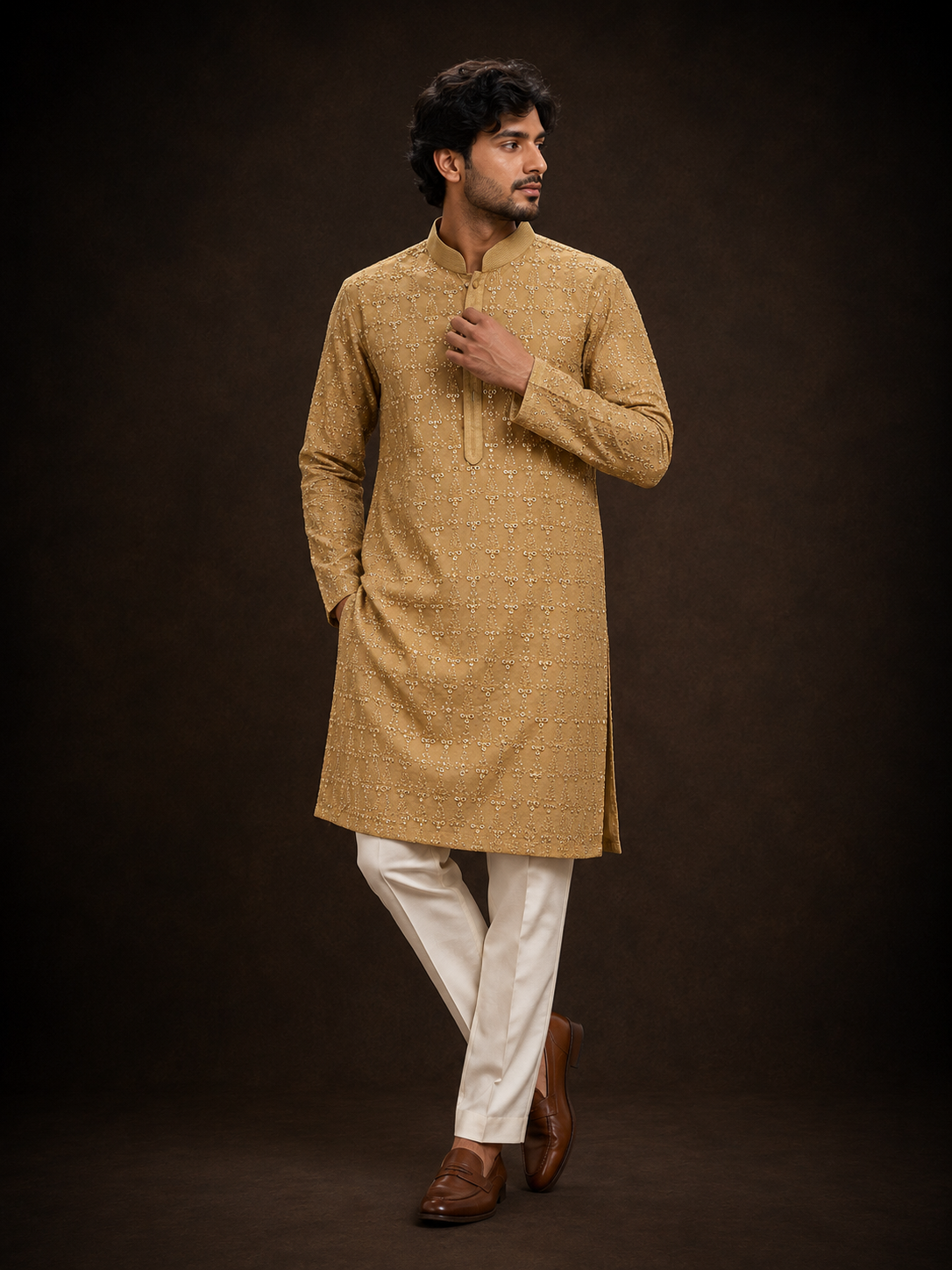 Mustard Yellow Embroidered Kurta for Men with Geometric Sequin Work