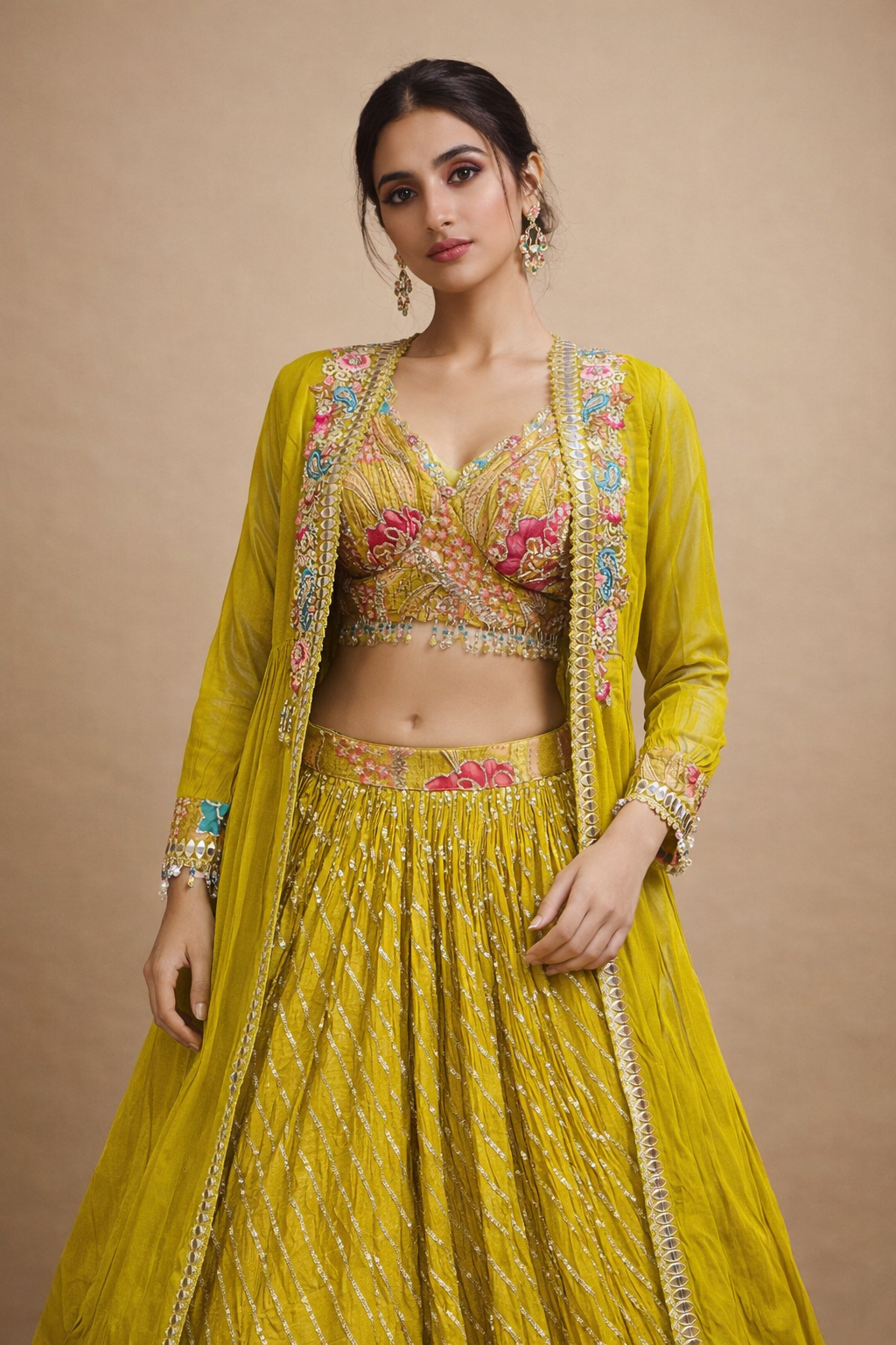 Mustard Yellow Embroidered Lehenga Choli with Floral Blouse, Sequin Work Skirt & Sheer Jacket