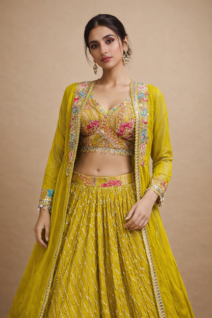 Mustard Yellow Embroidered Lehenga Choli with Floral Blouse, Sequin Work Skirt & Sheer Jacket