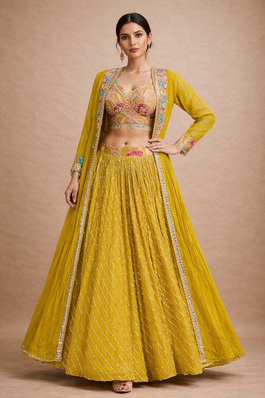 Mustard Yellow Embroidered Lehenga Choli with Floral Blouse, Sequin Work Skirt & Sheer Jacket